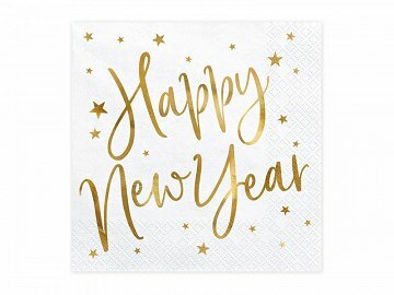 Serviettes &#039;&#039;Happy new year &#039;&#039; blanches et dor&eacute;es