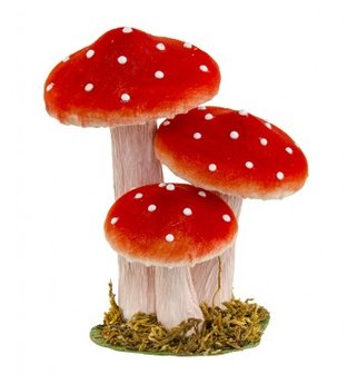 3 champignons rouges et blancs sur socle