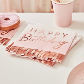 Serviettes &agrave; franges Happy Birthday Rose gold Mix